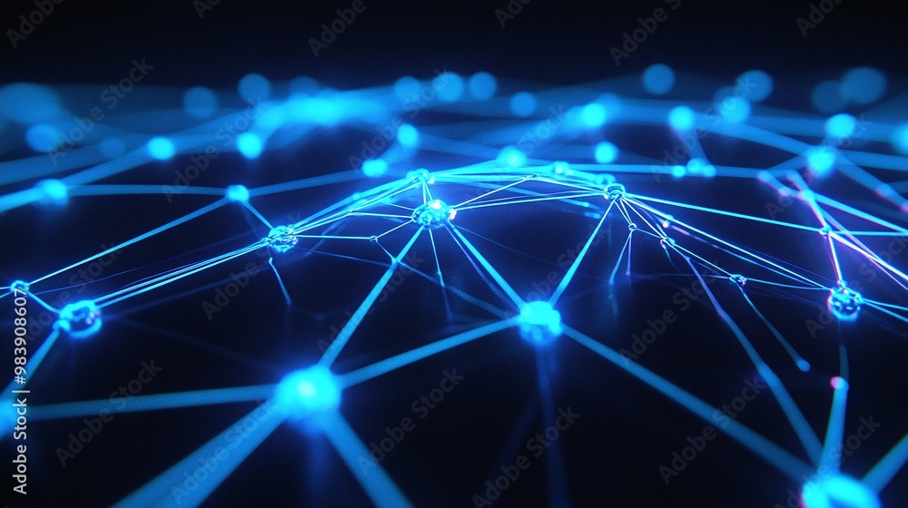 Poster abstract representation of a digital network with glowing blue connections and nodes illustrating te