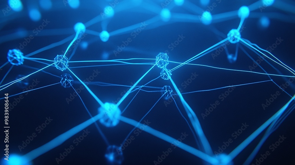 Poster abstract representation of a digital network with glowing blue nodes and connections, symbolizing te