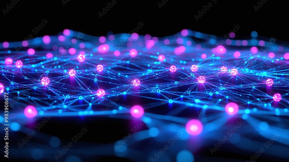 Poster abstract representation of a digital network with glowing nodes and connections, showcasing modern t
