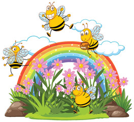 Happy Bees and Rainbow Scene