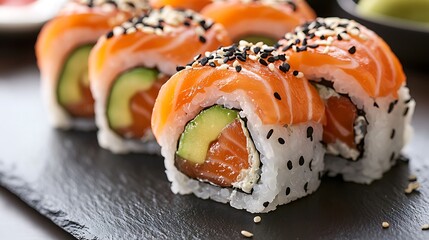 Delicious sushi rolls featuring fresh salmon, avocado, and sesame seeds, beautifully arranged on slate plate. perfect treat for sushi lovers! 