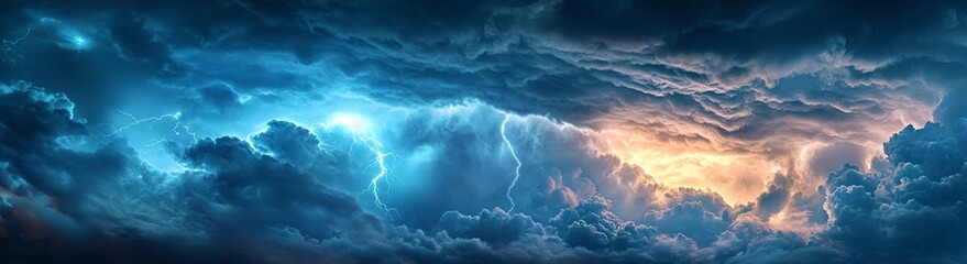 Obraz premium Dramatic sky with thunderstorm clouds and vibrant lightning at sunset