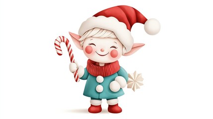 Fototapeta premium Watercolor Christmas elf holding a candy cane, with rosy cheeks and a mischievous smile, watercolor Christmas clipart, holiday character