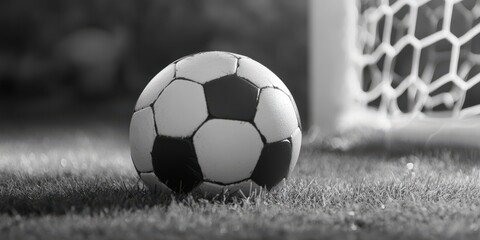 A classic black-and-white soccer ball resting on the green grass near a goalpost.