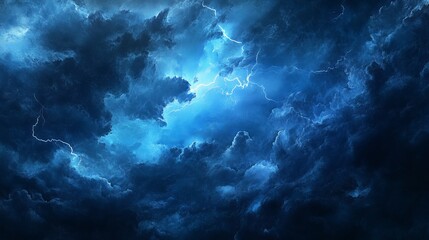 Dramatic thunderstorm clouds illuminated by striking lightning in a dark blue sky