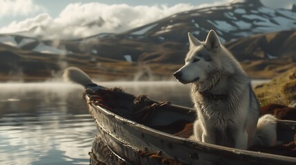 Seated on a boat in a high highland lake is an arctic husky