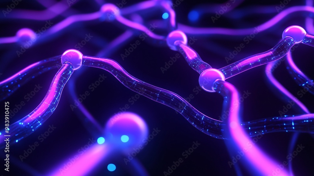 Poster abstract visualization of a network with glowing nodes and connections in vibrant purple and blue hu