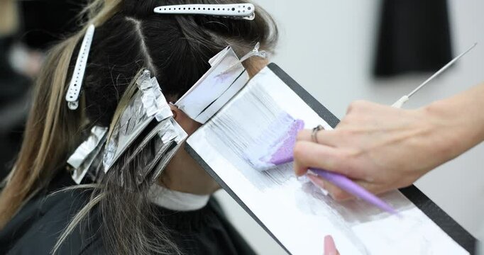 Applying hair dye in salon using foil