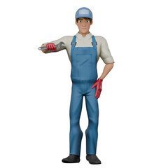 Cartoon Style Auto Technician. A male mechanic stands with his right hand holding a wrench and his left hand on his waist. 3D Male Mechanic