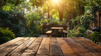 old wooden table with blur background of backyard garden and chairs and grill table. Top view 