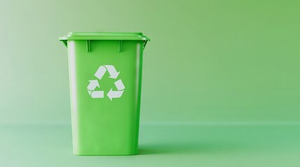 Green plastic recycle bin eco banner with copy space isolated on background, Recycling bin isolated on flat pale green background , eco trash can with copy space