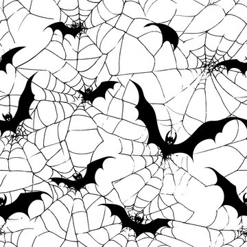 Seamless repeatable Pattern for Halloween with Black Bats and Spider Webs
