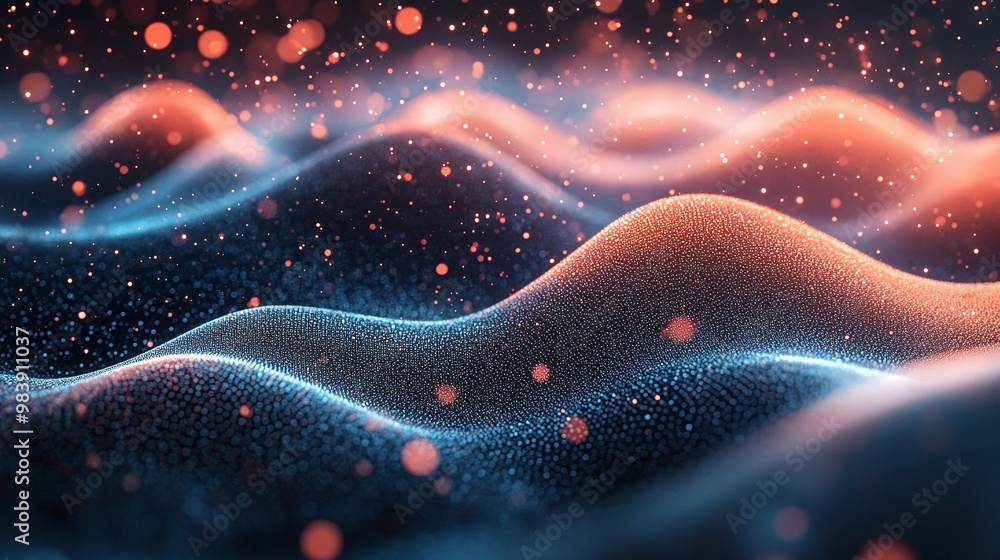 Poster abstract wave patterns with glowing dots create a mesmerizing visual of light and texture, perfect f
