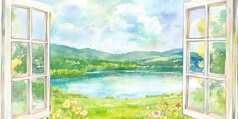 watercolor illustration of a rural lake view from an open window for the designs of decorative frame, cards, advertising, backgrounds, banners and posters