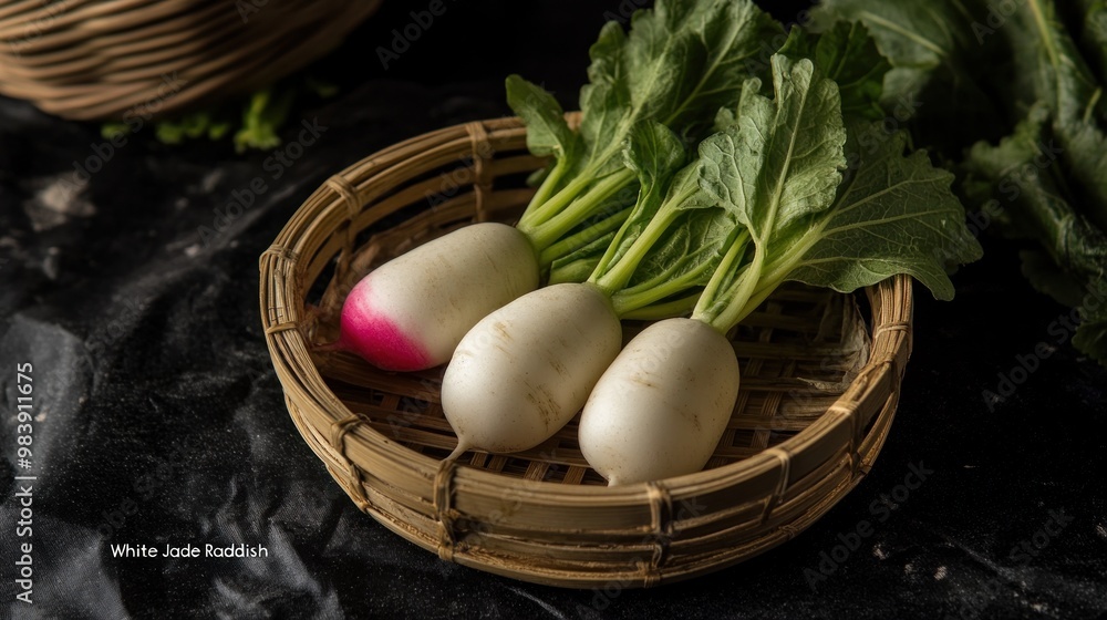 Sticker Fresh White Jade Radishes in a Bamboo Basket