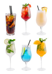 Six refreshing summer cocktails standing on white background