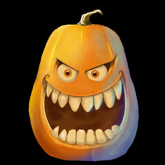 Illustration citrouille halloween , fait main sur fond noir, 