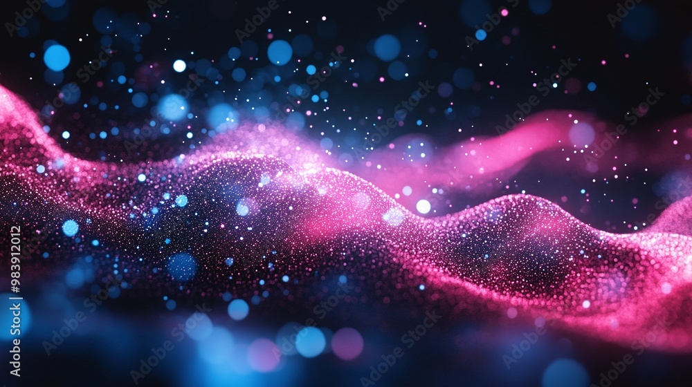 Poster an abstract wave of colorful light particles creating a shimmering, ethereal effect in a cosmic spac