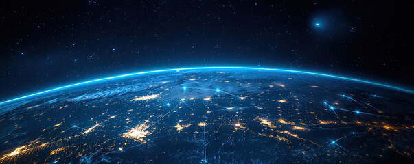 Obraz premium Global internet infrastructure featuring worldwide trade routes in web banner design