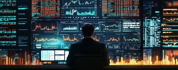 A businessman analyzing economic data with a large digital screen showing financial markets behind him, dynamic shot, vibrant colors, modern setting, financial theme