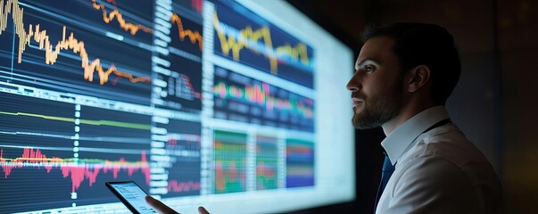 A businessman analyzing economic data with a large digital screen showing financial markets behind him, dynamic shot, vibrant colors, modern setting, financial theme