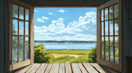 Fototapeta premium cartoon illustration of lake view from open door for the designs of decorative frame, cards, advertising, backgrounds, banners and posters