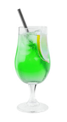 Green cocktail standing on a bar with a straw and a lemon slice