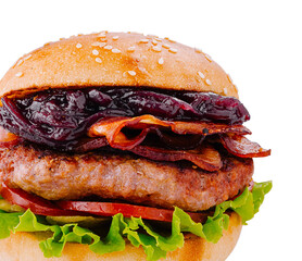 Delicious burger with beef, bacon and caramelized onion on white background