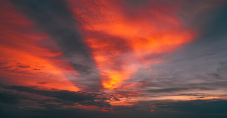4k Aerial of Cloud with sunset sky background in Thailand,Cloudscape time lapse background Dark red purple sunset sky Nature background, sunset in the clouds