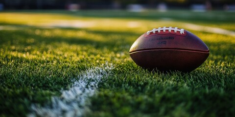 A close-up of an American football resting on a green freshly mowed field