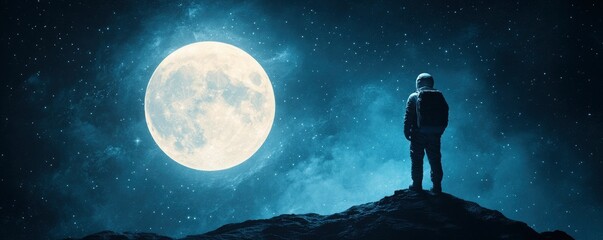 an astronaut looks toward the moon.