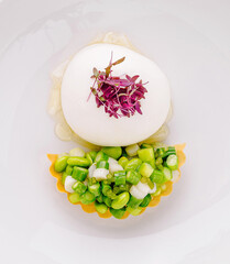 Gourmet appetizer dish with vegetable tartlet and creamy mousse on white plate