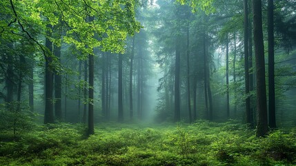 Obraz premium Misty Forest Path with Sunlight Filtering Through Trees