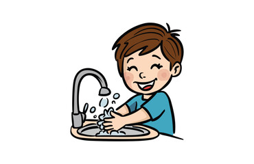 happy cute little kid boy wash hand in sink