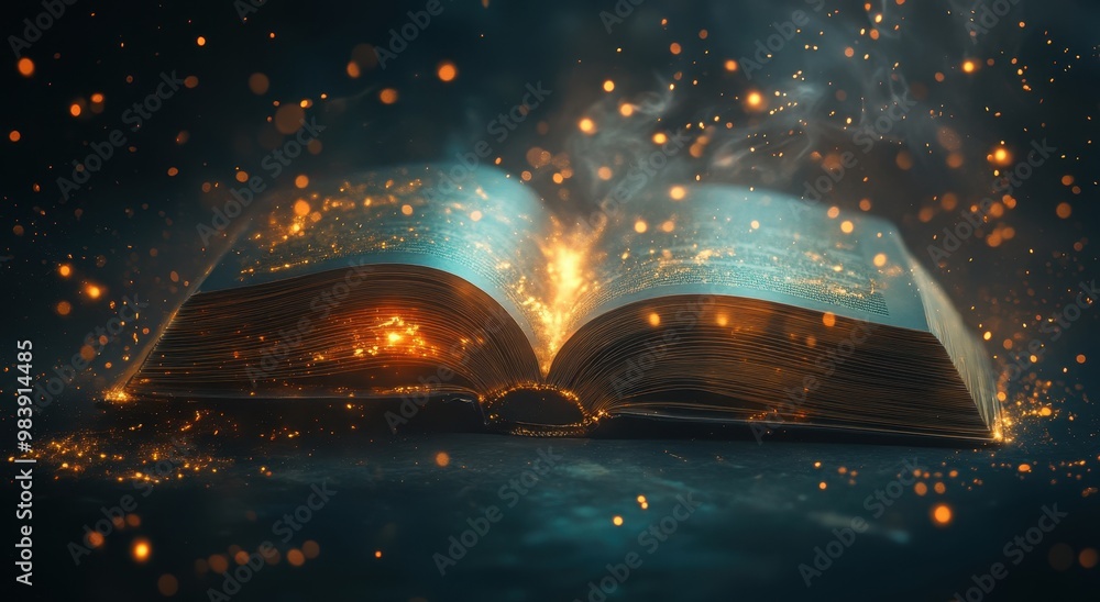 Poster an open book with pages turning, surrounded by light particles and glowing lights on a dark backgrou