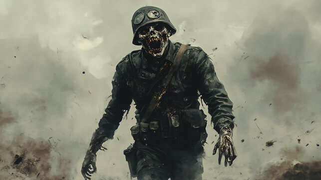 A zombie soldier in a tattered uniform, walking through a battlefield under a gray sky.