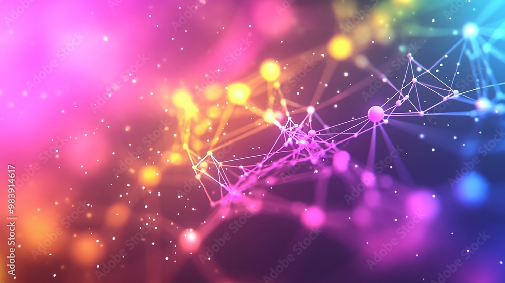 Poster vibrant abstract background featuring colorful nodes and connections, representing digital technolog