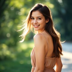 Naklejka premium A woman with long hair is smiling and wearing a dress