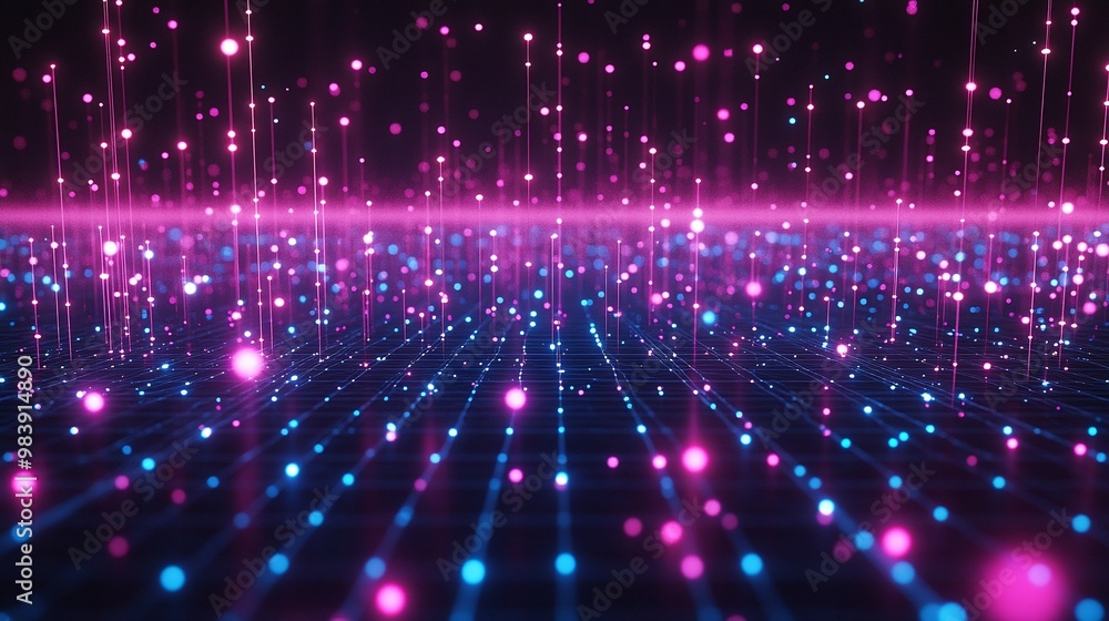Poster vibrant abstract background featuring glowing particles in pink and blue, creating a mesmerizing dig