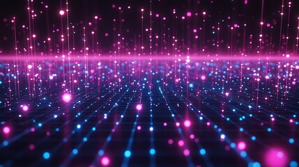 Vibrant abstract background featuring glowing particles in pink and blue, creating a mesmerizing digital landscape.