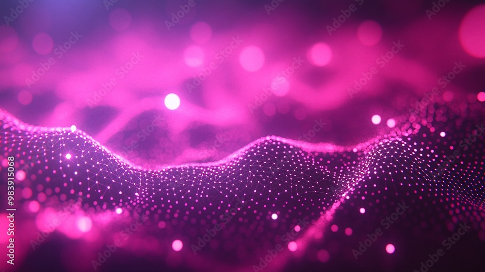 Poster vibrant abstract background featuring waves of pink particles, creating a mesmerizing digital landsc