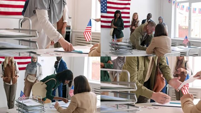Split screen of several diverse people are standing in queue in voting station and then going to take the voting bulletin one by one
