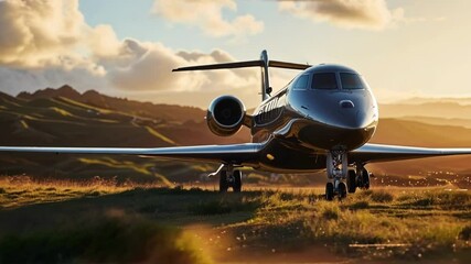 Private jet parked on a grassy field at sunset exudes luxury and success, perfect for executive travel and corporate luxury