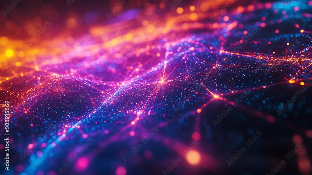 Poster vibrant abstract digital network showcasing dynamic lights and colorful connections, perfect for tec
