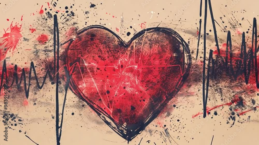 Poster the artwork features a central heart symbol surrounded by heartbeat lines and vibrant red splashes, 