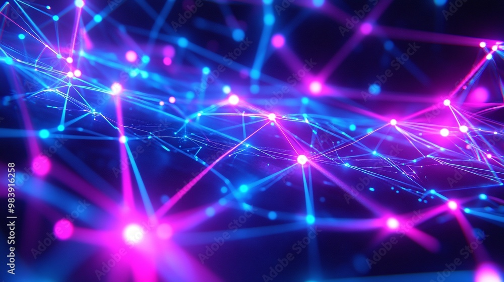 Poster vibrant abstract image featuring glowing nodes and lines, representing a digital network in blue and