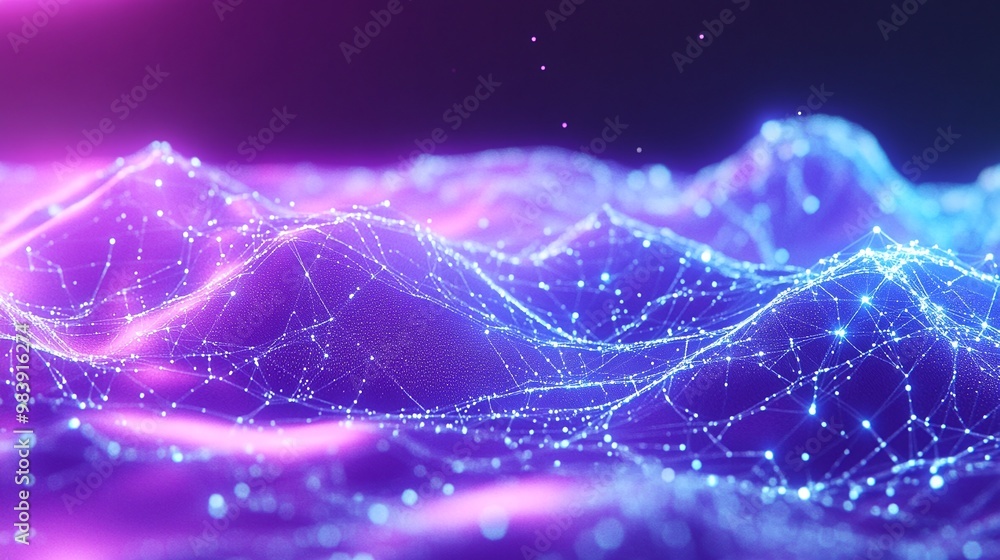 Poster vibrant abstract landscape featuring glowing lines and points in a digital space with a purple and b