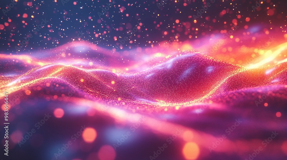 Poster vibrant abstract landscape with flowing colors and sparkling particles, creating a dreamlike atmosph