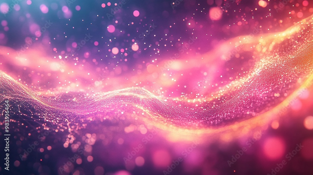 Poster vibrant abstract light waves create a mesmerizing visual flow, blending colors and shimmering partic