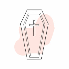 A minimalist vector illustration featuring a simple coffin with a cross design. The artwork is created with clean lines and subtle color accents, ideal for use in thematic projects or as part of a